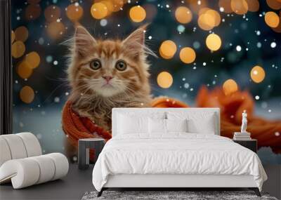 A cute kitten bundled in a warm scarf on a snowy day. AI. Wall mural