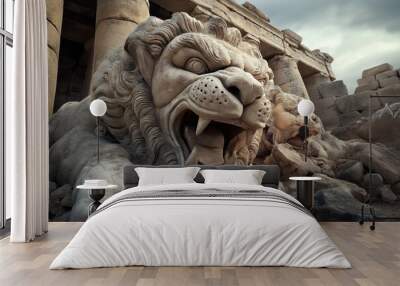 A dramatic image of ancient stone lion statues at a historical ruin site with tall columns and scattered rubble under a cloudy sky. The statues are intricately detailed, with fierce expressions. Wall mural