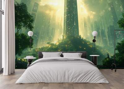 A futuristic cityscape blends harmoniously with a lush green forest. Wall mural