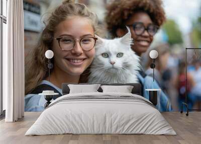 A girl with a white cat smiles for the camera. AI. Wall mural