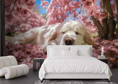 A golden retriever dog sleeping under a tree with pink flowers. Generative AI. Wall mural