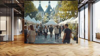 A group of people walking down a street with tents on either side. AI. Wall mural