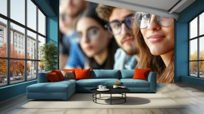 A group of people wearing glasses sitting together in a row. AI. Wall mural