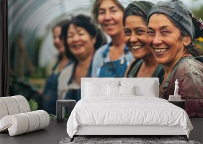 A group of women smile and pose for a photo in a greenhouse. AI. Wall mural