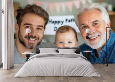 A joyful portrait of three generations of Caucasian men celebrating Fathers Day a baby, his father and his grandfather Wall mural