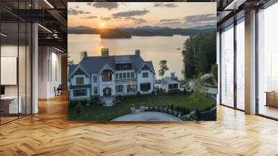 A large house sits on a lake surrounded by trees. AI. Wall mural