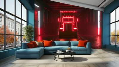 A large truck illuminated with red neon lights parked in a dark industrial garage with reflective floors. Wall mural