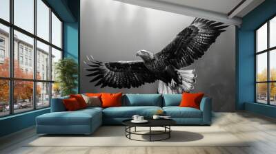 A majestic eagle in flight, its wings and feathers defined by sharp geometric patterns against a pho Wall mural