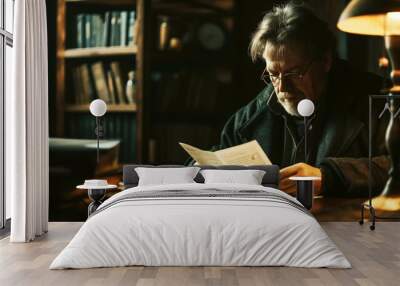 A man with glasses reading papers at a dimly lit desk in a cozy library setting, with bookshelves and a table lamp in the background. Wall mural