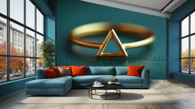 A minimalist ring with a thin band and a small, geometric triangle in polished gold, isolated on a pastel green background, Wall mural