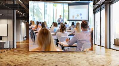 A modern corporate training session with young adults in a bright, glass-walled conference room Wall mural