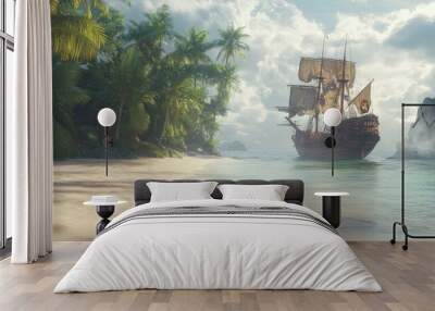 A pirate ship next to an island Wall mural