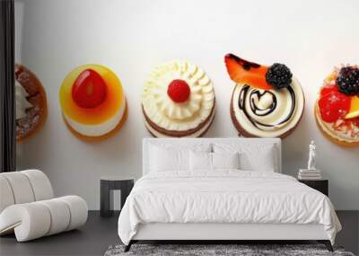 A row of different types of desserts on a white surface. Generative AI. Wall mural