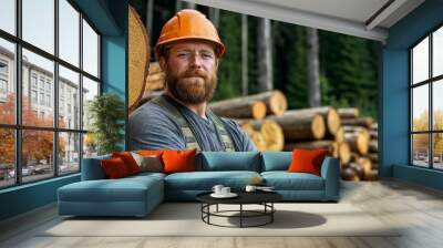 A rugged logger taking a break by a pile of freshly cut logs in a forest Wall mural