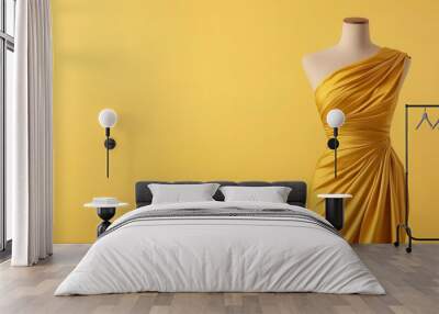 A shimmering gold dress draped on a mannequin, ready for a grand event, golden dress, fashion elegance Wall mural