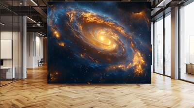 A spiral galaxy with bright orange and blue colors Wall mural