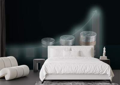 A stack of coins on a black isolated background, with a reflection. Wealth chart, trading chart. The concept of financial investments, copy space. Wall mural