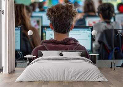 A student sits in front of a computer in a classroom. AI. Wall mural