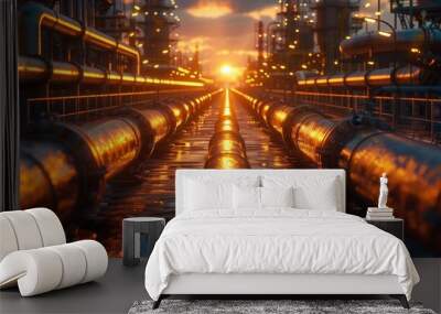 A Stunning Sunset Over a Complex Pipeline Network in a Modern Industrial Refinery Wall mural