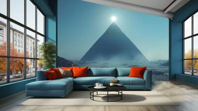 A surreal artwork of a flat plane with a single pyramid casting a long shadow under a low sun, Wall mural