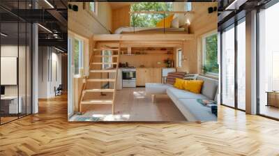 A tiny house with a loft and stairs. Generative AI. Wall mural