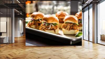 a tray with three small pulled pork sliders Wall mural