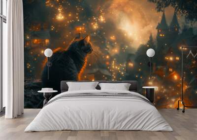 A witchâ€™s familiar cat, sitting on a broomstick in flight, high above a moonlit village, with magical sparks trailing behind, Wall mural