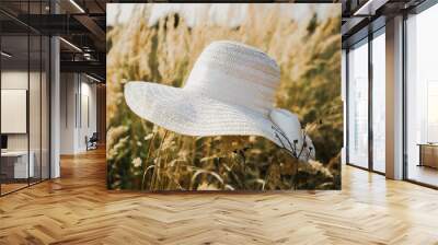 a woman's hat with a wide brim lies on the high yellow grass, a summer sunny day Wall mural