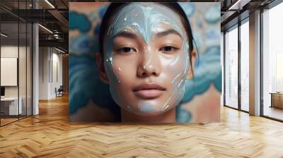 A woman with a face mask covered in white paint. Generative AI. Wall mural