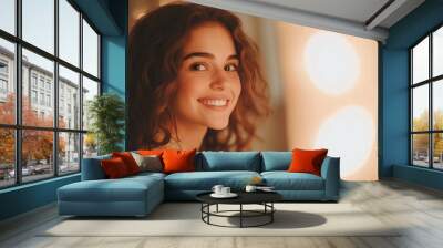 A young Caucasian woman in her early 20s, with curly hair, smiling in warm, soft lighting Wall mural