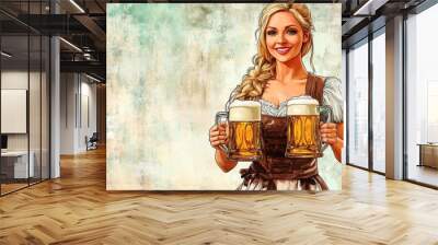 A young girl holding two mugs of beer Wall mural