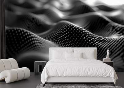 Abstract black and white undulating surface with dotted patterns, illustrating a digital and futuristic concept with dynamic waves and depth. Wall mural