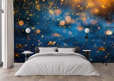 Abstract blue background with golden stars and confetti, copy space. 3d illustration Wall mural