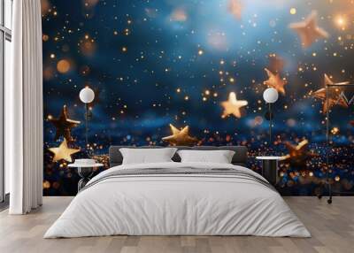 Abstract blue background with golden stars and confetti, copy space. 3d illustration Wall mural