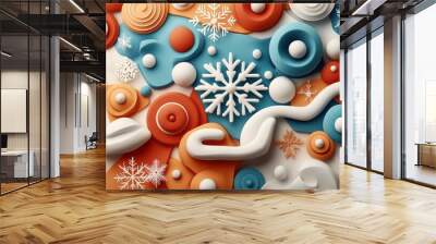 Abstract composition of colorful layered shapes and snowflakes in orange, blue, and white tones, featuring smooth curves and geometric forms in a modern artistic pattern. Wall mural