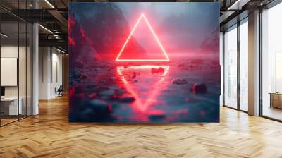 abstract futuristic backgroun with glowing neon triangle black stones rocks cobble an reflection in the water blank showcase scene for product presentation Wall mural