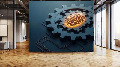 Abstract gears and puzzle pieces assembling into a glowing brain, symbolizing innovative business strategies and success, Key to Success, Business Intelligence Wall mural