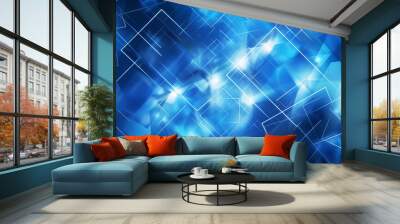 Abstract geometric background with overlapping transparent rectangles and lines in varying shades of blue, creating a dynamic and modern design. Wall mural