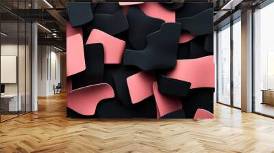 Abstract geometric composition with overlapping black and pink shapes in a random pattern, creating a modern and dynamic appearance. Wall mural