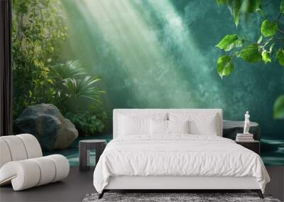 abstract green backgroun with leaves shadow an bright sunlight minimal showcase scene with cubic stone pedestals for organic cosmetic product presentation Wall mural