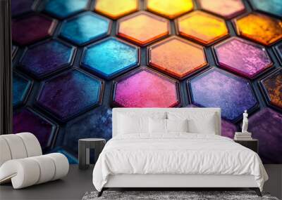 Abstract Hexagonal Grid with Colorful Light Reflections, Wall mural