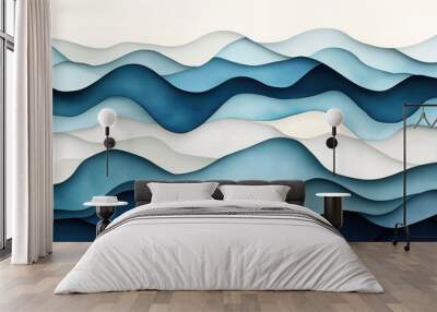 Abstract layered design with wavy shapes and gradients in blue and white tones, resembling ocean waves or dunes. Wall mural