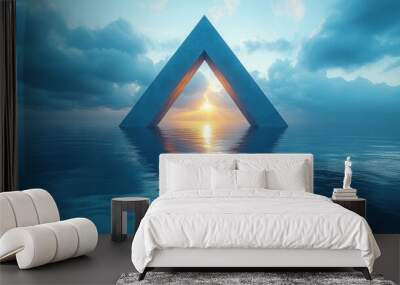 abstract minimalist backgroun triangular shape hole inside the wall blue paper layers reflection in the calm water an bright light at the en of triangular tunnel geometric wallpaper Wall mural