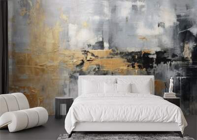 Abstract painting in black and silver with gold accents, modern decoration, generative ai Wall mural