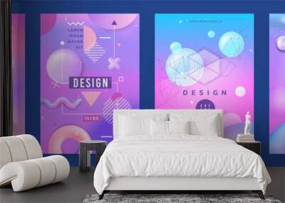 Abstract pastel backgrounds. Pattern with soft gradient. Beauty color posters. Holographic geometric shapes. Outline figures and text. Delicate pearl banner. Vector design labels set Wall mural