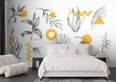 Abstract summer elements, modern shapes. Minimal spring tropical leaf, exotic palm foliage, poster elements, wall art, geometric objects, halftone dot memphis leaves. Vector graphic texture Wall mural