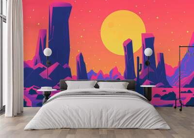 Ai Generated Art Funky 2D Flat Sunset in Arizona Desert Background With a Rocky Terrain in Purple Yellow and Pink  Colors Wall mural