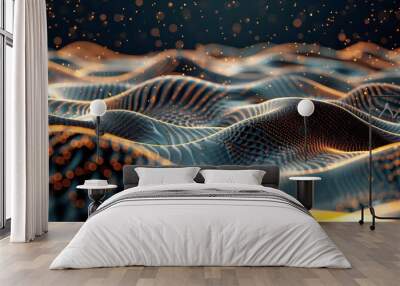 An abstract digital landscape composed of wavy surfaces covered in glowing orange and blue grid patterns with particles floating against a dark background. Wall mural