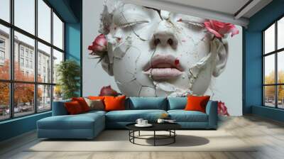 An abstract image of a fragmented female sculpture with roses sprouting through the breaks, against a white background, Wall mural