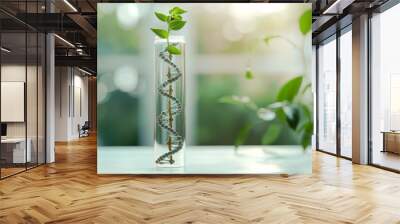 An abstract image presents a DNA helix taking the form of a plant in a laboratory flask.  Wall mural